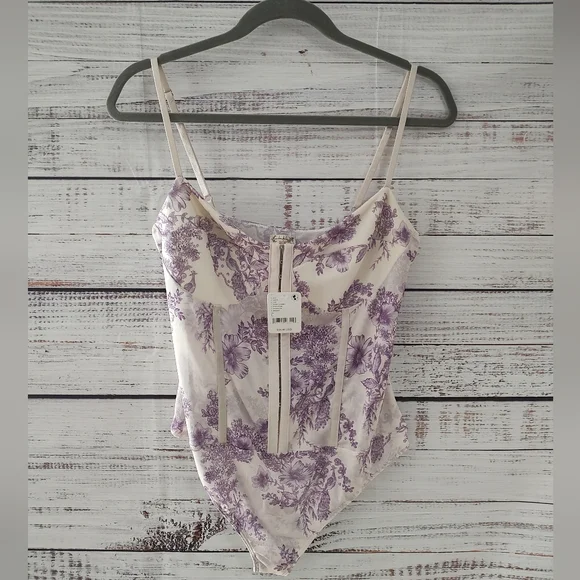 Free People Night Rhythm Floral Corset Bodysuit Ivory Combo Large NWT - Picture 2 of 6